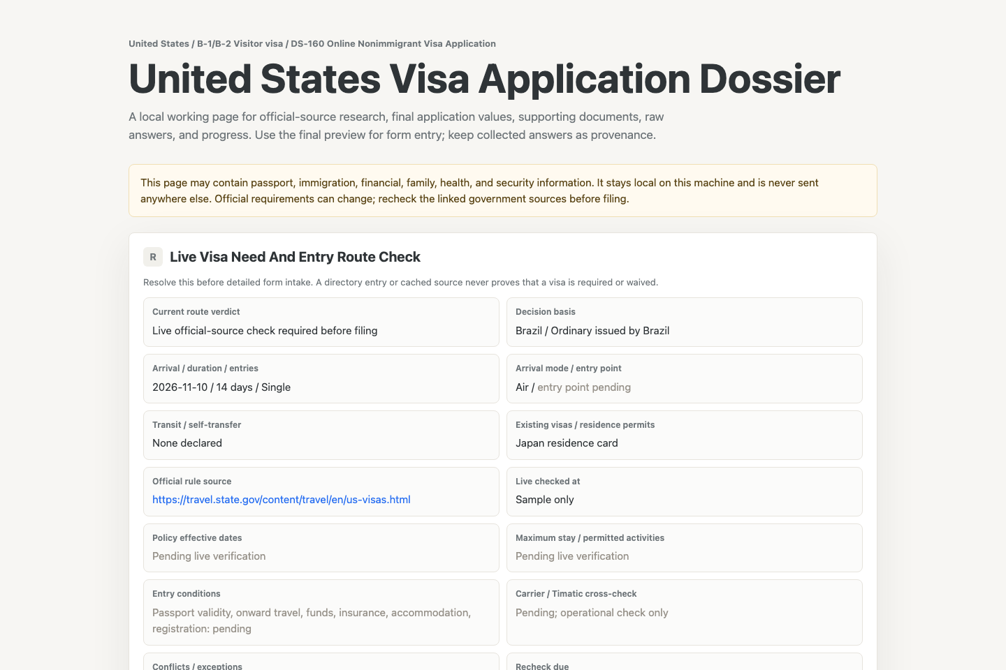 A Visa Apply dossier: live route check, applicant profile, source register, and progress timeline